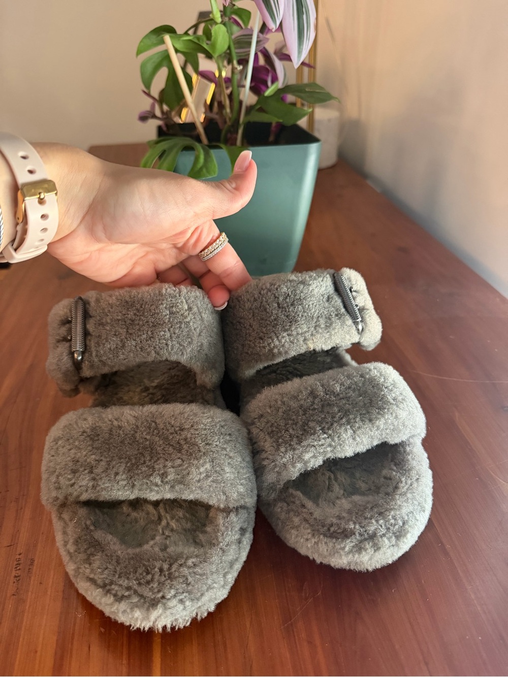 UGG Faux Shearling Double-Strap Slide Sandals - Gray